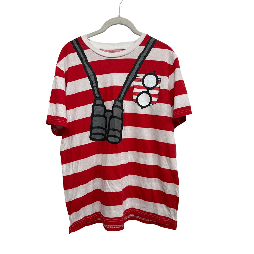 Wheres Waldo Graphic T-Shirt Mens Medium Red White Striped Binoculars Glasses